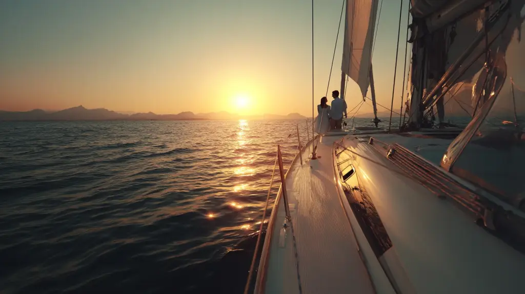 Couple on a sailing yacht at sunset near Marbella, romantic cruise on Mediterranean sea