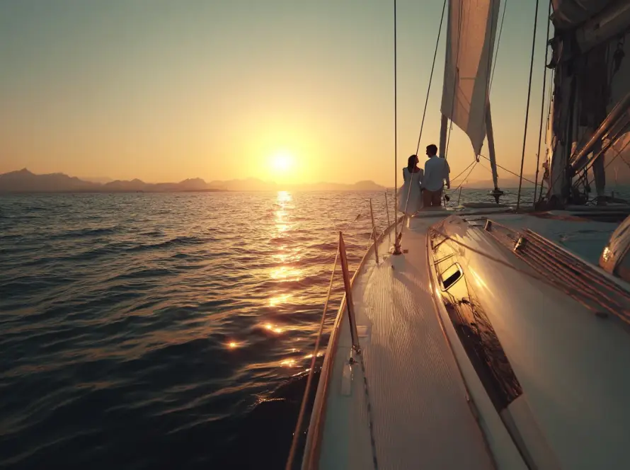 Couple on a sailing yacht at sunset near Marbella, romantic cruise on Mediterranean sea