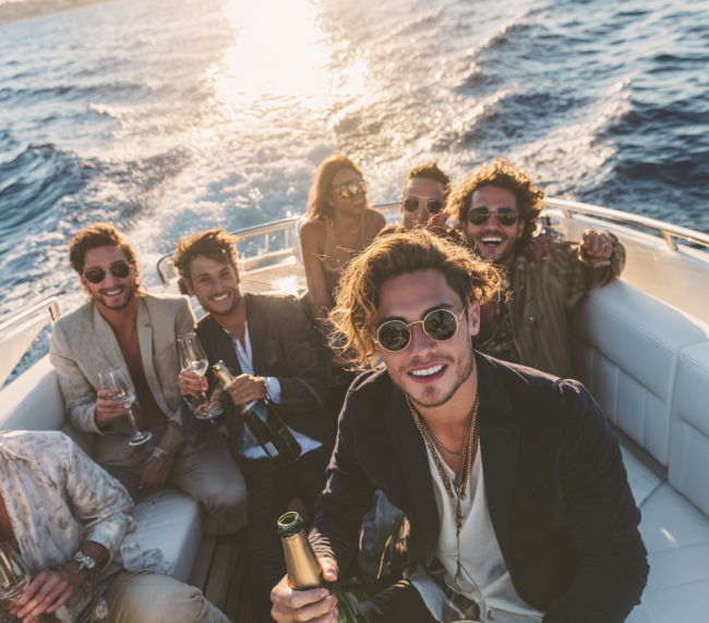 Group of men partying on boat at sea