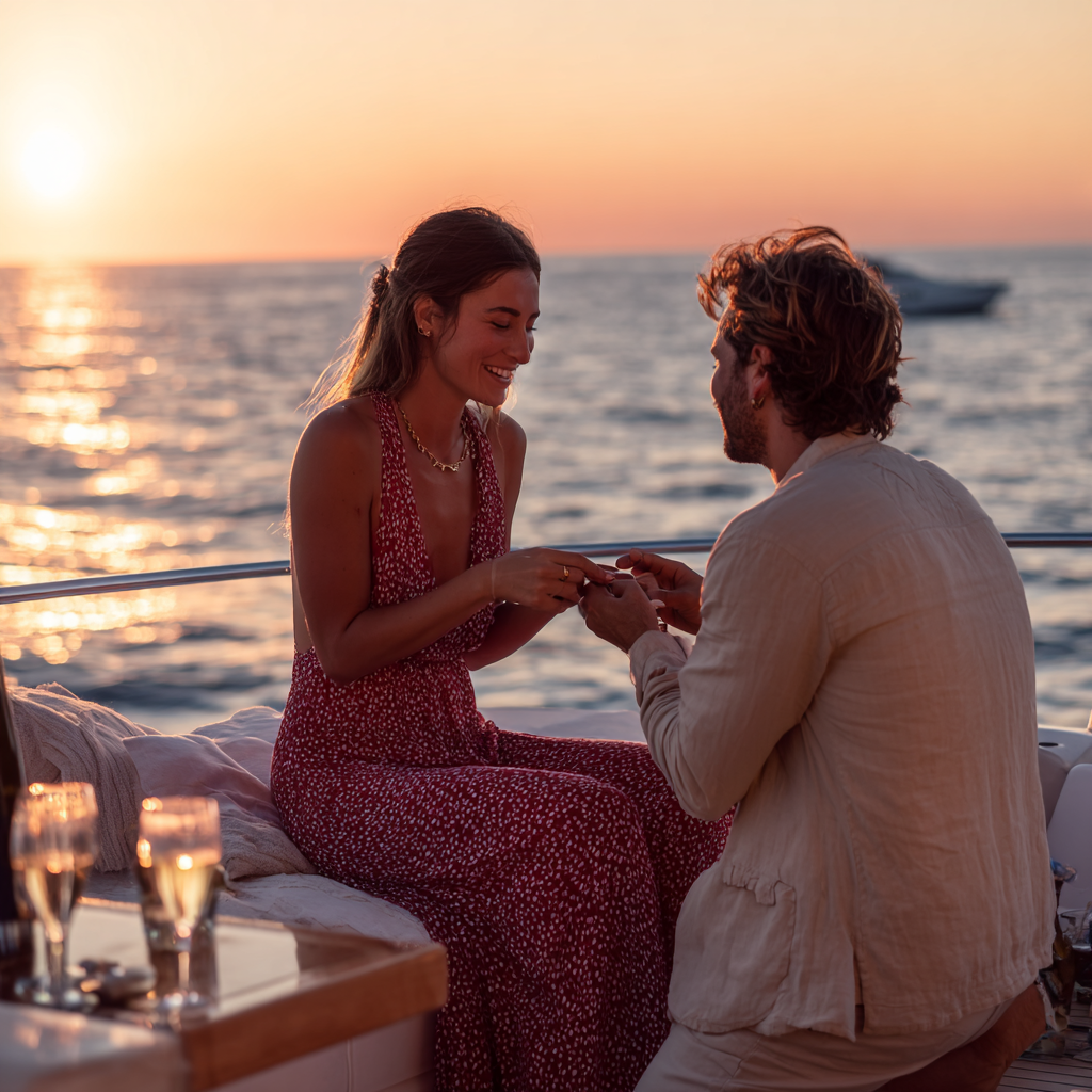 Man proposing at sunset on private yacht in Marbella