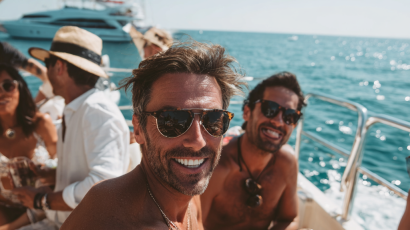 Groom and friends celebrating on Rodman 1250 yacht